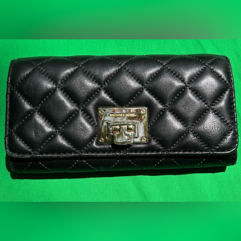 Michael Kors Black Soft Quilted Leather Clutch / Carryall Wallet with Gold Clasp